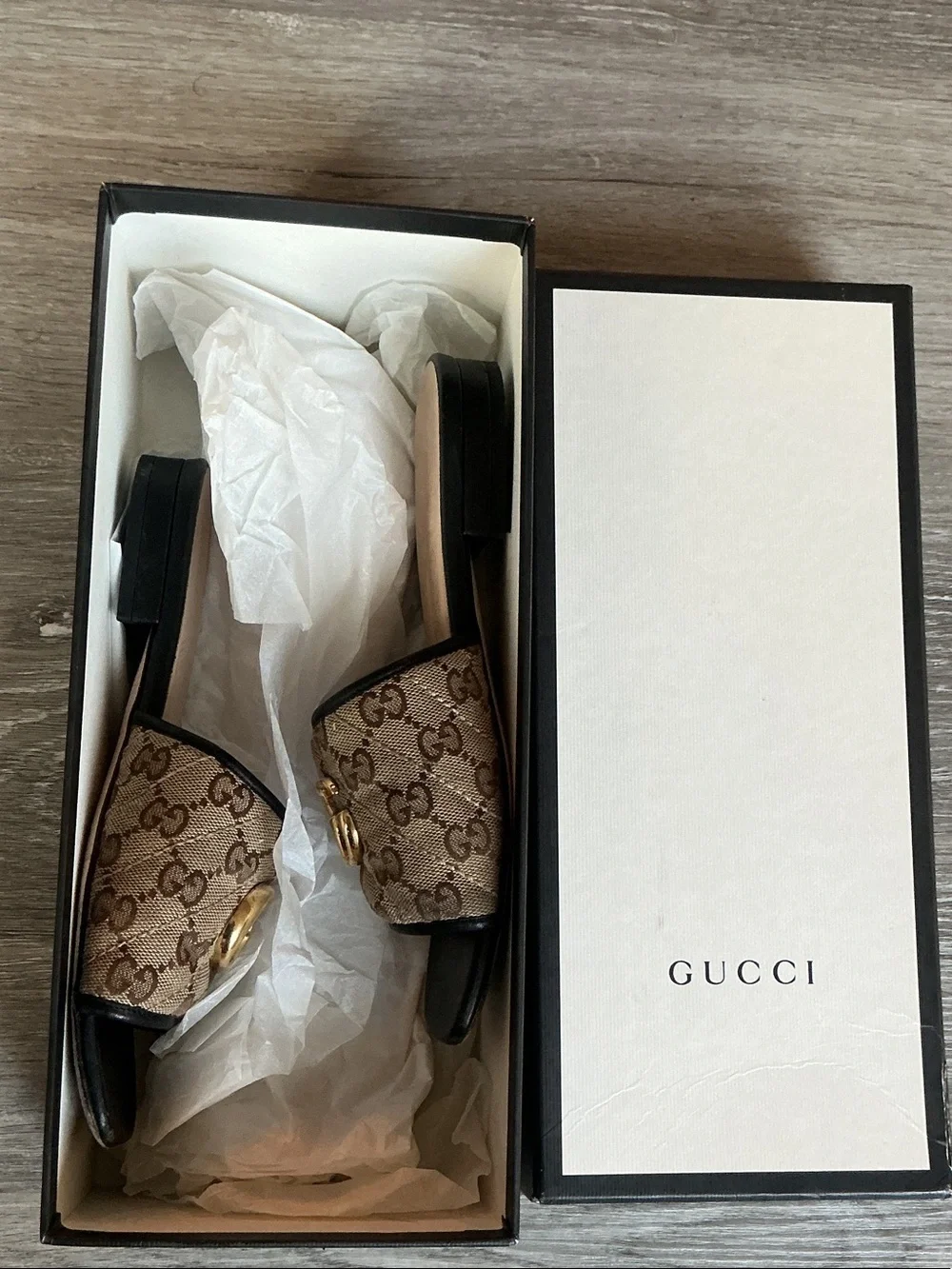 Authentic Gucci Beige Brown GG Canvas Slide Mules with Gold Double G - Picture 7 of 7